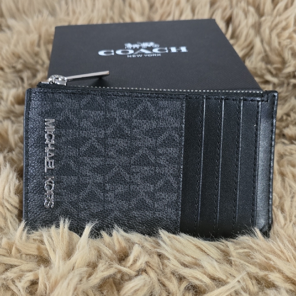 Michael Kors Black Monogram Zip Card Holder with Silver Logo